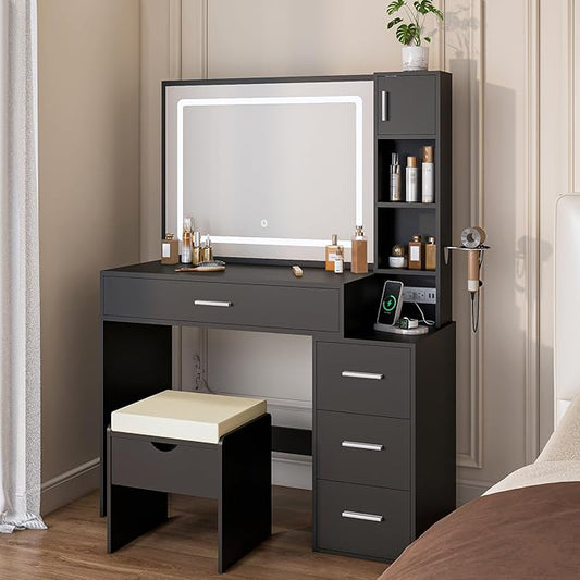 Vanity Desk with LED Lighted Mirror, Sliding Side Cabinet with Expandable Storage, Makeup Table with Drawers & Shelves, Built-in Power Outlet, Vanity Set with Storage Stool for Bedroom (Black)