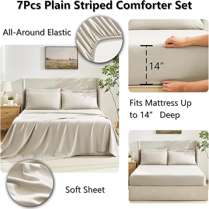 CozyLux Queen Comforter Set Oatmeal, 7 Pieces Bed in a Bag, Oatmeal Comforters Queen Size, All Season Bedding Sets with Stitch Quilted Comforter, Flat Sheet, Fitted Sheet, Pillowcases