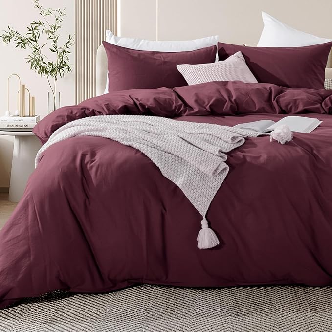NEXHOME PRO Duvet Cover Set King Size Linen Look Textured Organic Natural 100% Washed Cotton Duvet Cover Burgundy Dark Red 3 Pieces Bedding Set with Zipper, Breathable (No Comforter)