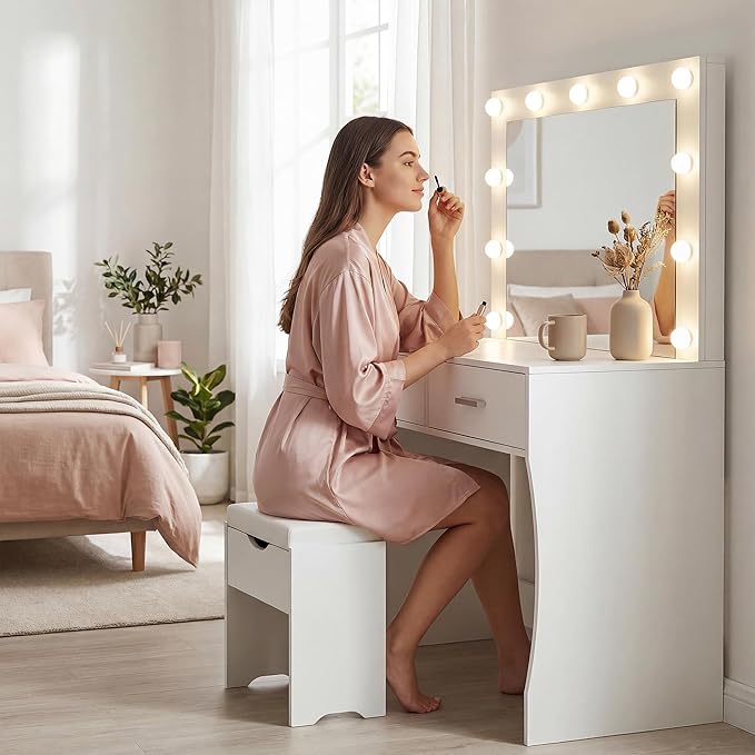 YESHOMY Vanity Desk with Mirror,Makeup Vanity Table with 11 Adjustable Lights and 2 Spacious Drawers,3 Lighting Modes with Control&Soft-Padded Storage Stool,Modern Bedroom Vanity Set, White
