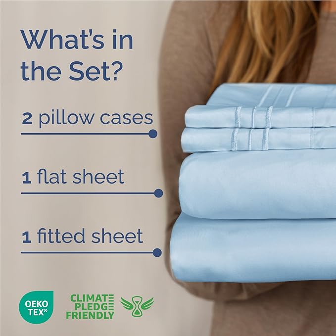 Full Size 4 Piece Sheet Set - Comfy Breathable & Cooling Sheets - Hotel Luxury Bed Sheets for Women and Men - Deep Pockets, Easy-Fit, Soft and Wrinkle Free Sheets - Light Blue Oeko-Tex Bed Sheet Set