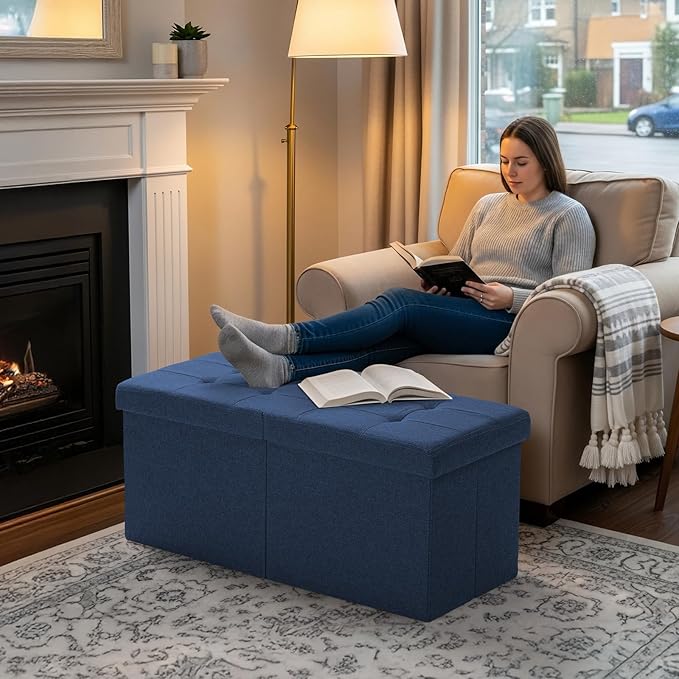 30-INCH Storage Ottoman Bench, Footrest with Storage, End of Bed Bench Coffee Table for Living Room, Bedroom, Entryway, Blue