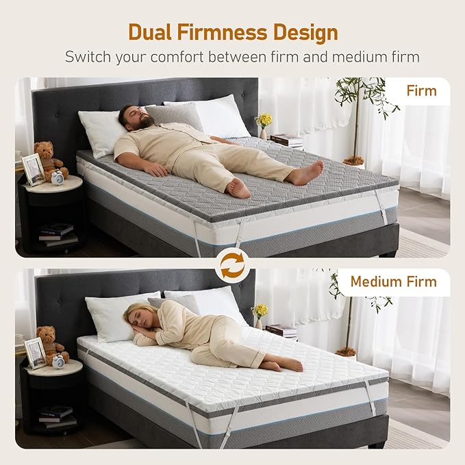 Firm Mattress Topper Queen 3-Inch: Dual-Sided Medium Firm & Firm Mattress Pad, High Density Memory Foam for Back Pain Relief, Cooling Washable Anti-Slip Cover, CertiPUR-US Oeko-TEX Certified, 80x60