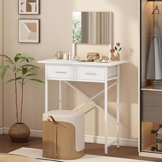 Jakyitvi Small Vanity Desk with Mirror and Drawers, White Makeup Vanity Table with Storage, Compact Vanity for Bedroom, Modern Makeup Desk for Girls, Space-Saving Vanity Table