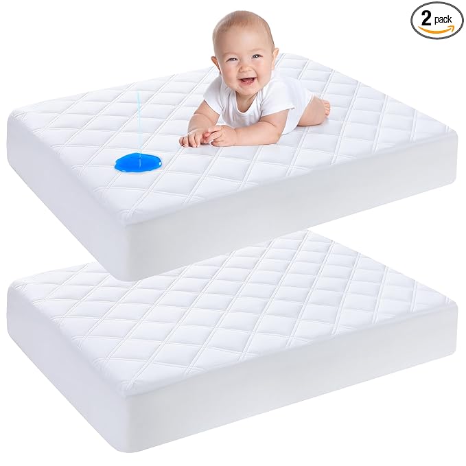 Yoofoss Waterproof Mini Crib Mattress Protector 2 Pack, Quilted Mattress Pad Cover Soft and Breathable, Machine Washable Portable Mattress Protector for Standard Baby Crib Size 38"X24"
