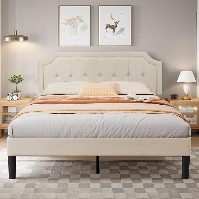 VECELO Queen Size Platform Bed Frame with Fabric Upholstered Headboard and Wooden Slats Support, No Box Spring Needed/Easy Assembly,Beige