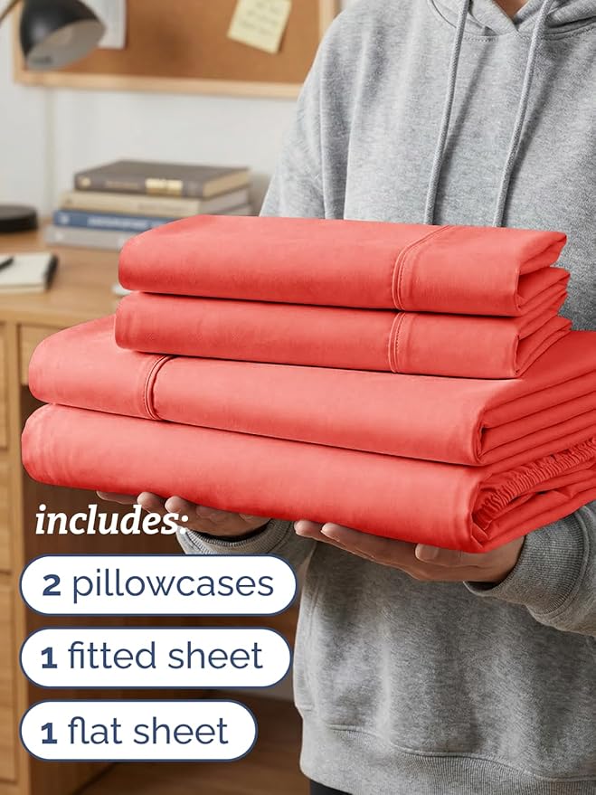 Twin XL 4 Piece Sheet Set - Comfy, Breathable & Cooling - Hotel Luxury Bedding for Women, Men, Kids, Teens and Children - 1 Flat & 1 Fitted Sheet & 2 Pillowcases w/ Deep Pockets - Wrinkle Free - Coral