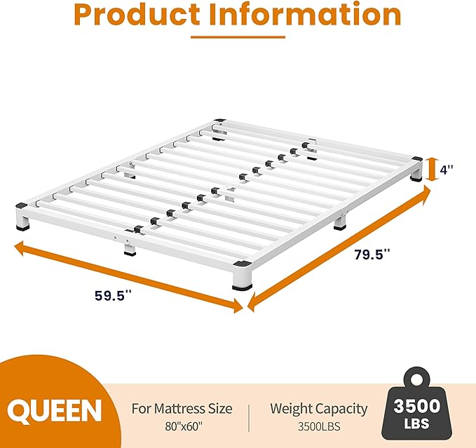 NKZ Queen Platform Bed Frame 4 Inch, Heavy Duty Metal Low Profile Bed Frame with Round Corner Legs, 3500lbs Weight Capacity Reinforced Frame, No Box Spring Needed，Noise-Free, Easy Assembly