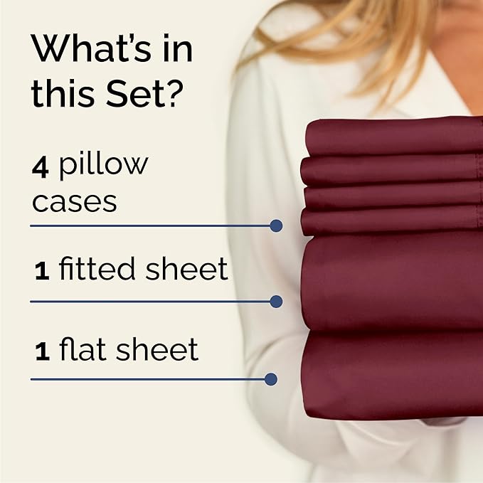 Cal King 6 Piece Sheet Set - Comfy Breathable & Cooling - Hotel Luxury Bedding for Women, Men, Kids, Teens & Children - 1 Flat & 1 Fitted Sheet & 4 Pillowcases w/ Deep Pockets, Wrinkle Free - Burgundy
