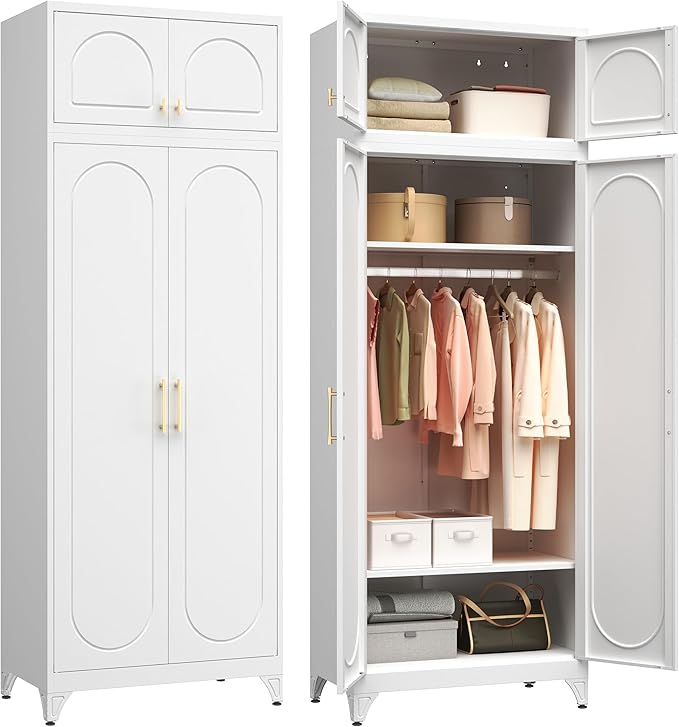 Polup Armoire Wardrobe Closet with Hanging Rod, 86 Inch Tall Metal Wardrobe Cabinet, Metal Armoire with Doors, Large Freestanding Wardrobes for Bedroom, 18"D x 32"W x 86"H, White, Assemble Required