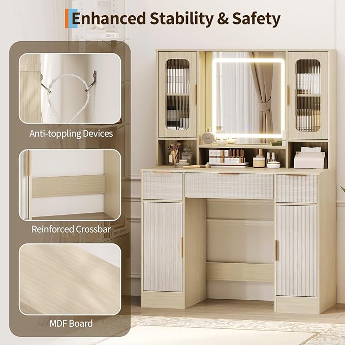 Garvee Vanity Desk with Mirror and Light, Modern Makeup Dressing Table with Adjustable 3 Colors Light, Vanities for Bedroom with 2 Glass Cabinet, 2 Large Cabinet, 3 Drawers & Storage Shelves, Natural