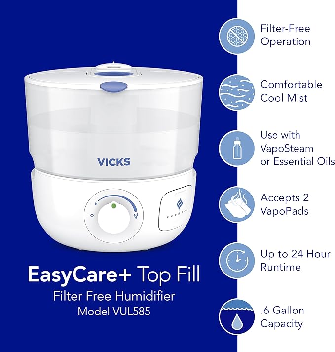 Vicks EasyCare Plus Top Fill Filter-Free Cool Mist Humidifier, Small Room–For Vapors 2 Ways –Works with Vicks VapoPads and VapoSteam, White