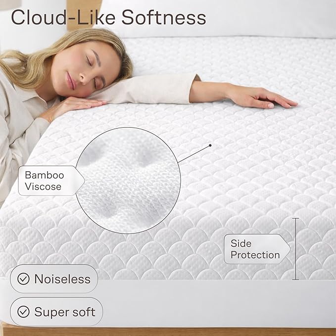 Side-Shield Waterproof Mattress Protector Full - 6-21" Deep Pocket with Leak-Proof Edge Protection - Noiseless & Cooling Soft-Touch Viscose Made from Bamboo - Machine Washable (White)