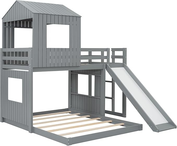 Harper & Bright Designs Twin Over Full House Bunk Bed with Slide, Solid Wood Floor Bed with Ladder, Windows & Roof, Fun Cottage Beds for Kids Teens Girls Boys – Gray