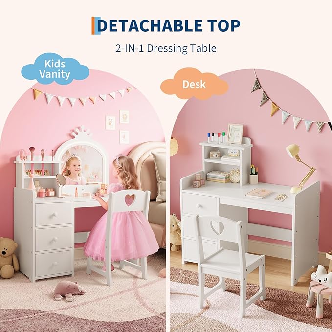 GarveeHome Kids Vanity Desk with Mirror and Lights, White Princess Wooden Makeup Vanity with Chair, Storage Shelves and Drawers, 2-in-1 Girls Dressing Table