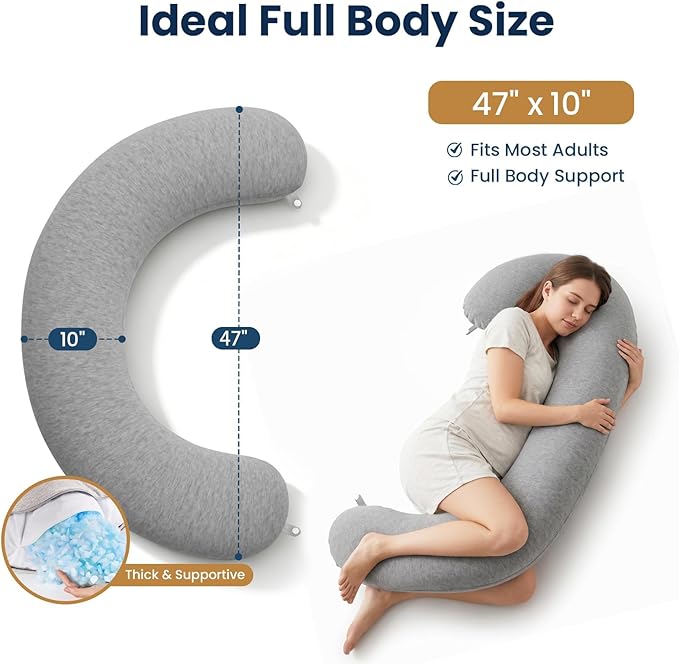 TranquilRelax C Shaped Body Pillow for Side Sleepers, Memory Foam Long Pillow for Leg, Hip & Back Support, Soft Washable Cover,Grey-47"*10"
