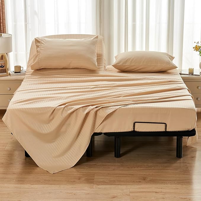 Kingnex Striped 32-34 Split Top King Sheets Sets for Adjustable Bed with Strap Soft Brushed 1800 Microfiber 4 Pieces Flex Head King Bedding Set Beige