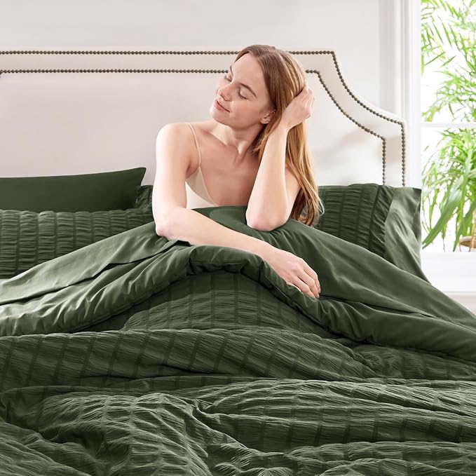 CozyLux Twin XL Comforter Set with Sheets Seersucker Olive Green 5 Pieces Bed in a Bag, Twin Extra Long Luxury Soft Bedding Sets College Dorm with Down Alternative Comforter, Sheets, Pillowcase & Sham