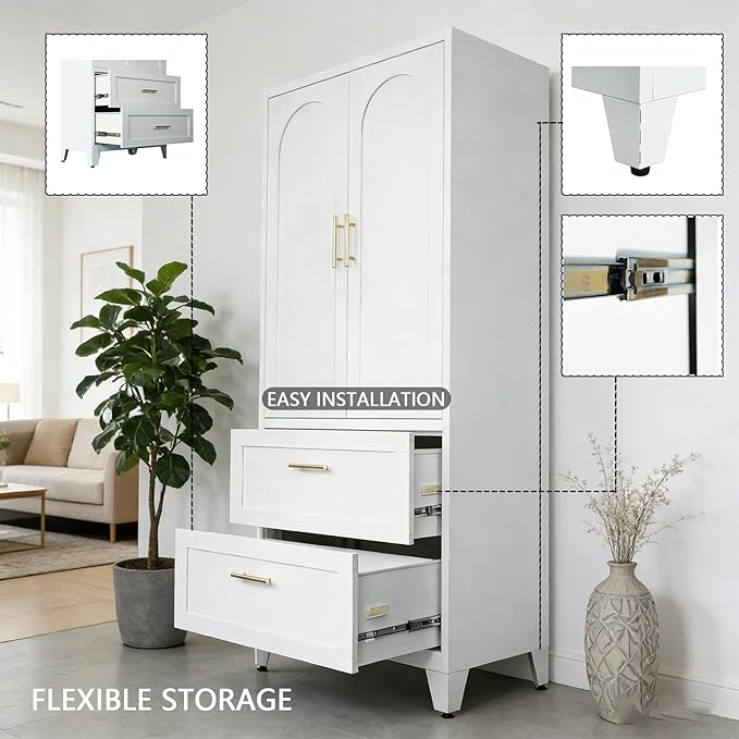 Modern 71" Steel Armoire Wardrobe Closet with 2 Drawers and Hanging Rod, Sturdy Metal 2 Door Armoire for Small Bedroom, Wardrobe Cabinet with Adjustable Shelves for Apartments, (White)