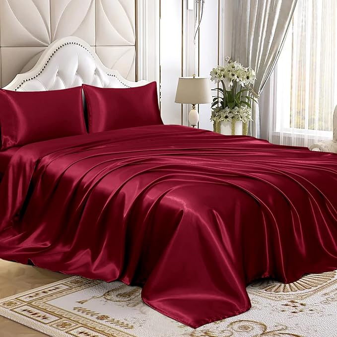Homiest 4pcs Satin Sheets Set Luxury Silky Satin Bedding Set with Deep Pocket, 1 Fitted Sheet + 1 Flat Sheet + 2 Pillowcases (Queen Size, Burgundy)