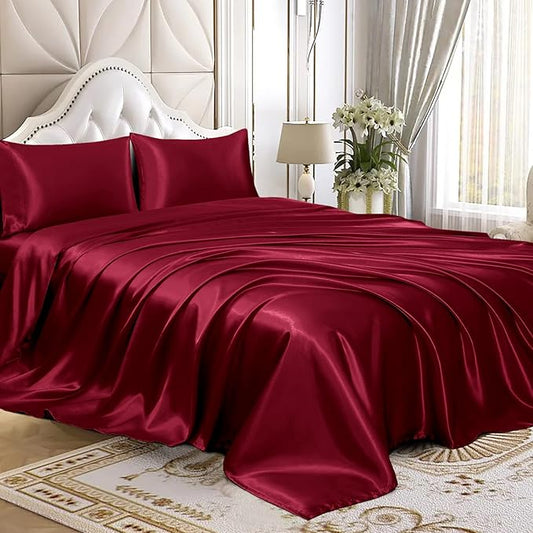 Homiest 4pcs Satin Sheets Set Luxury Silky Satin Bedding Set with Deep Pocket, 1 Fitted Sheet + 1 Flat Sheet + 2 Pillowcases (Full Size, Burgundy)