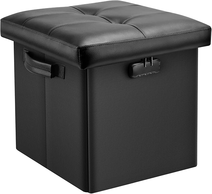 DocSafe Storage Ottoman with Lock,Fireproof Folding Ottoman Foot Rest Stool Storage Chest with Storage Safe for Important Documents,Waterproof 13 Inches Short Ottoman Foot Stool with Handles,Black