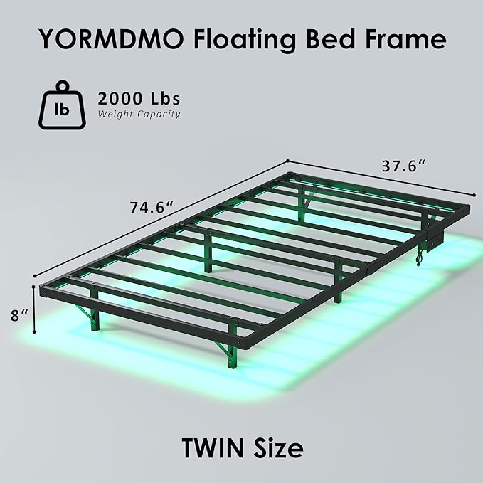 YORMDMO Floating Bed Frame Twin Size, Heavy Duty Bedframe with Smart LED Lights & Charging Station, Modern Metal Platform Bed, Easy Assembly No Box Spring Needed, 8 Inch