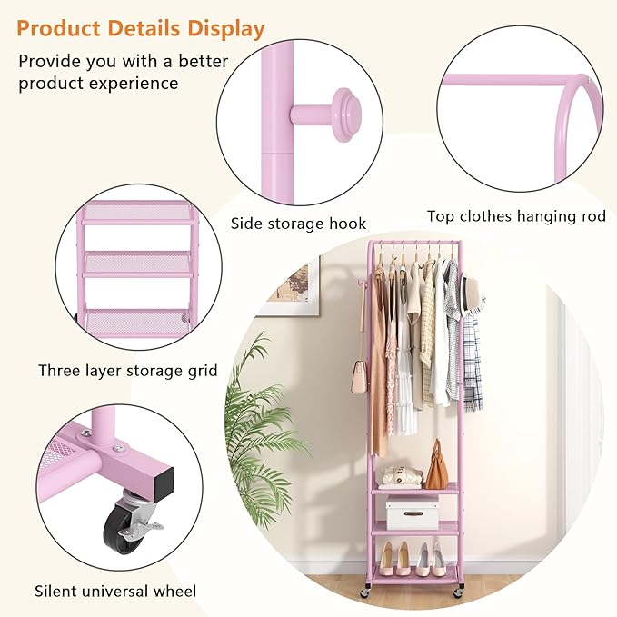 Kaitiemoo Heavy Duty Clothing Rack with Wheels,Modern Garment Rack with 3 Metal Shelves, 71.8Inches Display Rack for Hanging Clothes, Hanging Rod for Small Space,Pink