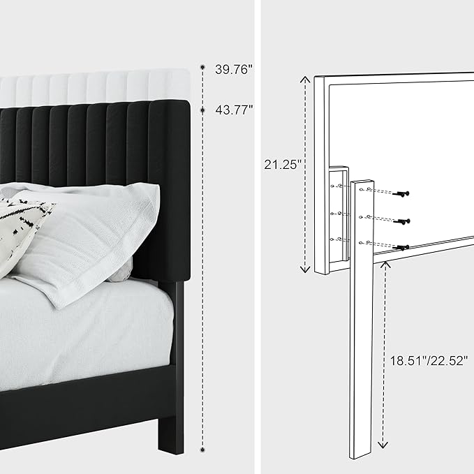 Full Bed Frame, Velvet Upholstered Platform Bed Frame with Adjustable Headboard, Vertical Quilted Design, Sturdy Slatted Mattress Base, Easy to Assemble, Black