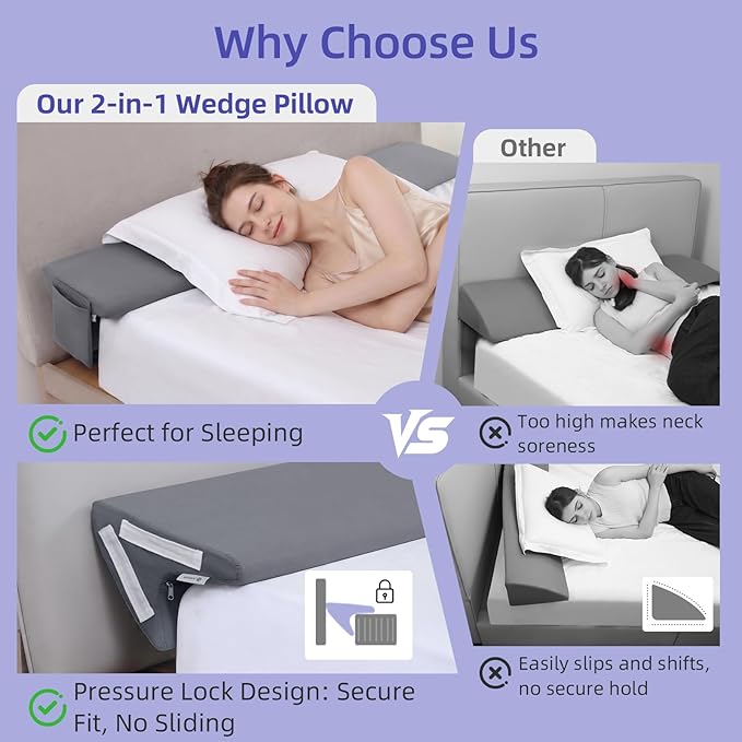 Vekkia 2-in-1 King Bed Wedge Pillow for Headboard Gap, Mattress Gap Filler Pillow to Cover 0-6" Gap, Bed Wedge Gap Filler with High-Density Foam, Removable Washable Cover, Gray, 76"x10"x8.5"