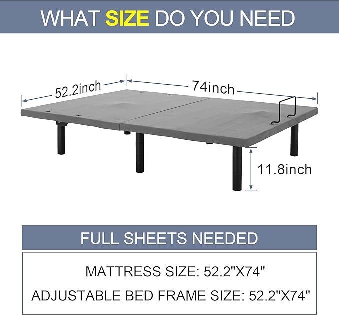 Fromann Adjustable Electric Full Bed Base Frame with Massage, USB Type-C Ports, Zero Gravity, Under Bed Led Lighting and Three Leg Height (Grey)