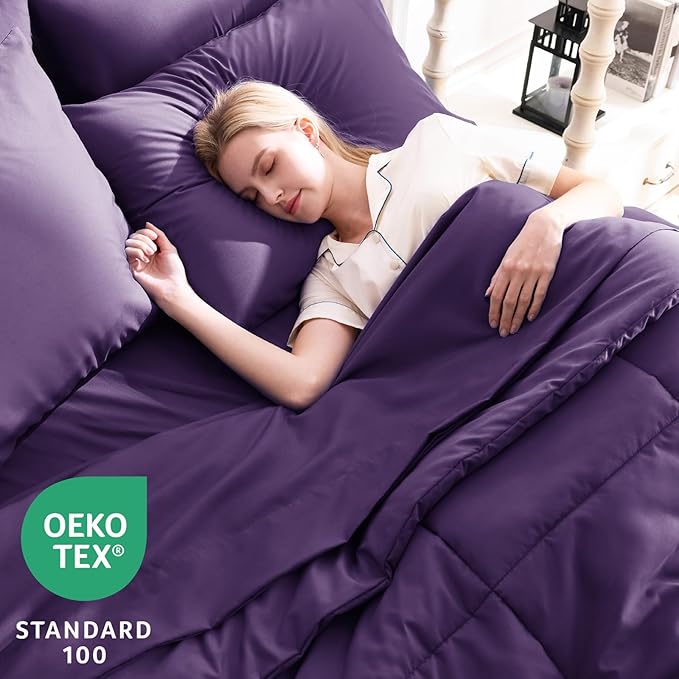CozyLux King Size Comforter Set Purple, 7 Pieces Bed in a Bag, Purple Comforter King Size, All Season Bedding Sets with Stitch Quilted Comforter, Flat Sheet, Fitted Sheet, Pillowcases