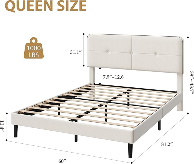 Garvee Queen Bed Frame, Velvet Upholstered Platform Bed Frames with Adjustable Headboard, No Box Spring Needed, Anti-Noise EVA Sponge, Sturdy Metal Support, Easy Assembly, White & Black Trim