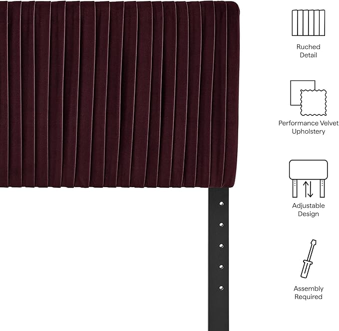 Modway Eloise Full Velvet Headboard with Ruched Details in Mulberry - Modern Bed Headboard Only with Stain-Resistant Performance Upholstery, Height-Adjustable Mount