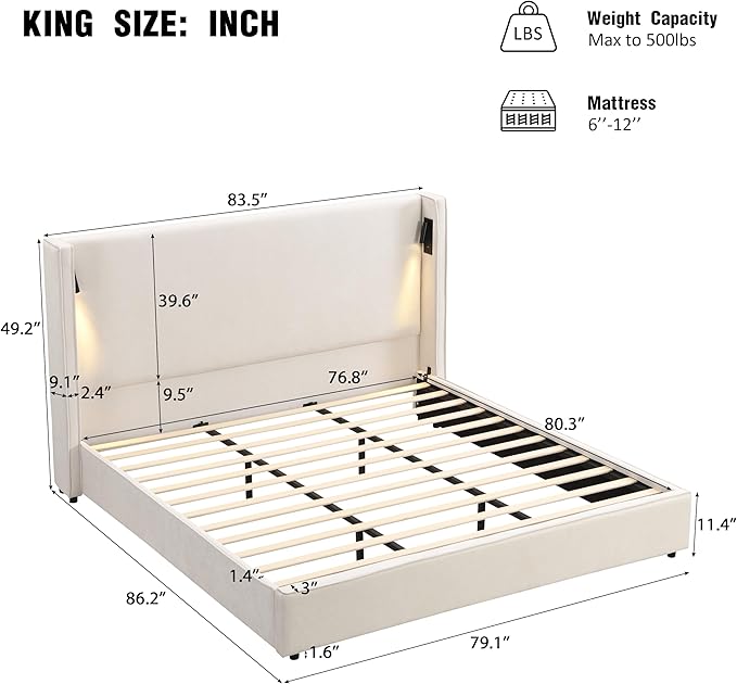 Christopher Knight Home Hazel 49.20" H King Headboard Bed, Upholstered King Size Bed, Slats Panel Support Platform, No Spring Box Needed, Wingback Headboard with Reading Lamps and USB, Beige