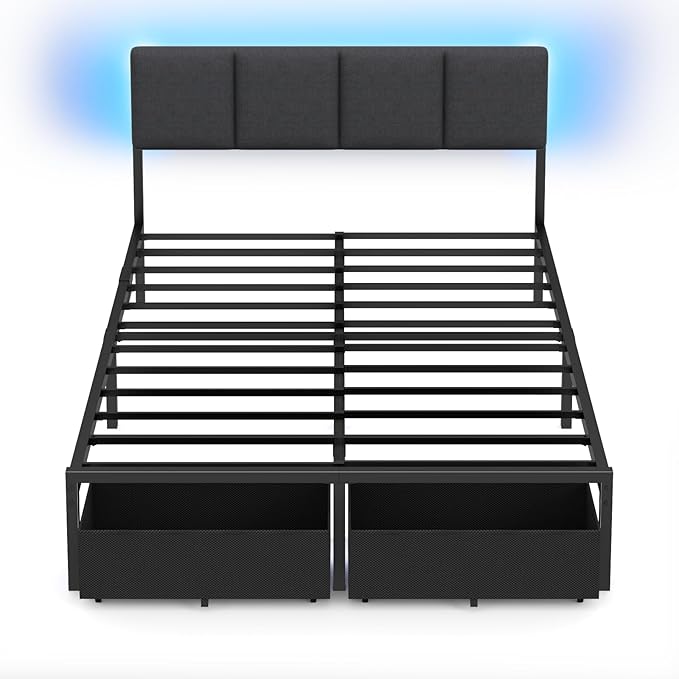 Furnulem Full Size Bed Frame with Headboard, Upholstered Full Bed Frame with LED Light, USB Charging Station, Platform Bedframe with 2 Fabric Underbed Storage Drawers, No Spring Box Needed