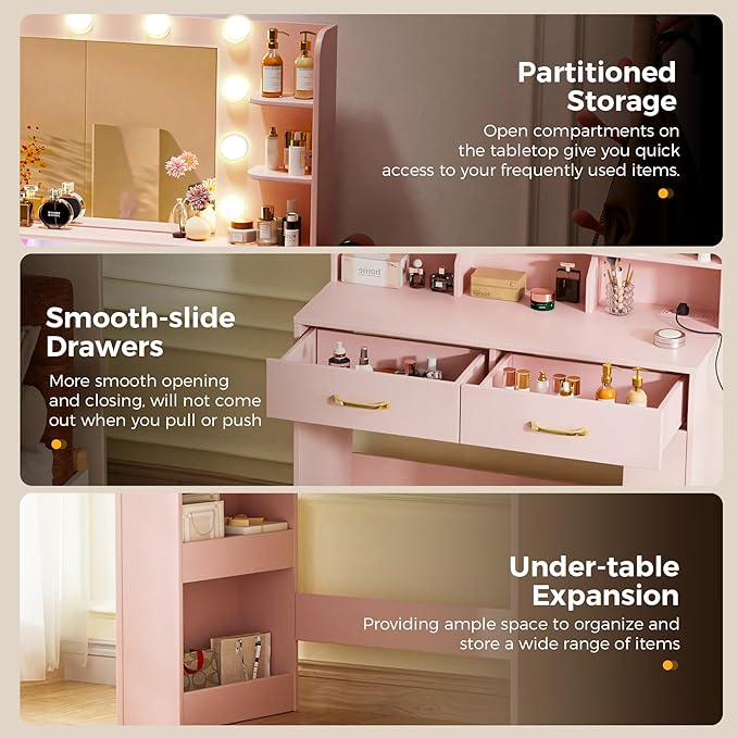 LUCKRACER Vanity Desk with LED Lights Mirror & Charging Station, Makeup Vanity with Storage Drawers and Shelves, Modern Dressing Table for Women Girls Bedroom, Pink