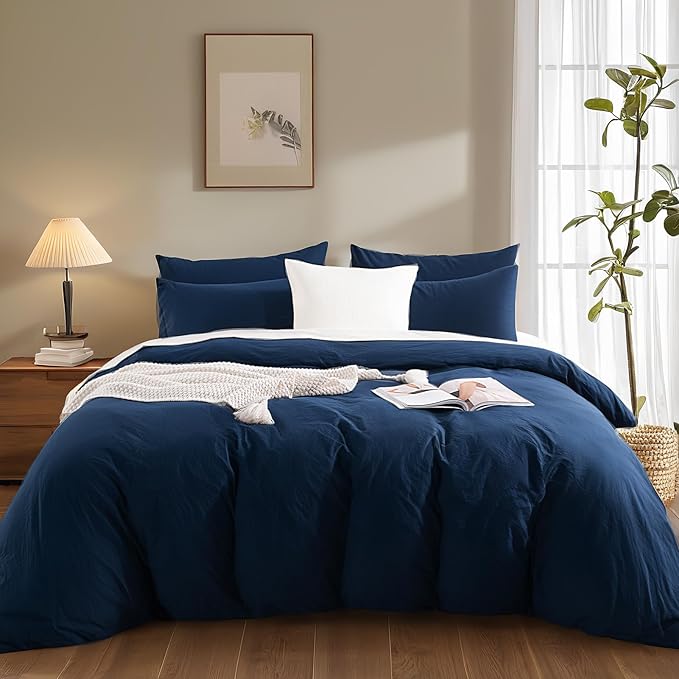 NEXHOME PRO Twin Duvet Cover Set, 100% Certified Organic Cotton with Washed Feel & Linen Like Texture, Comfortable & Breathable, Home Bedding Set Navy (No Comforter)