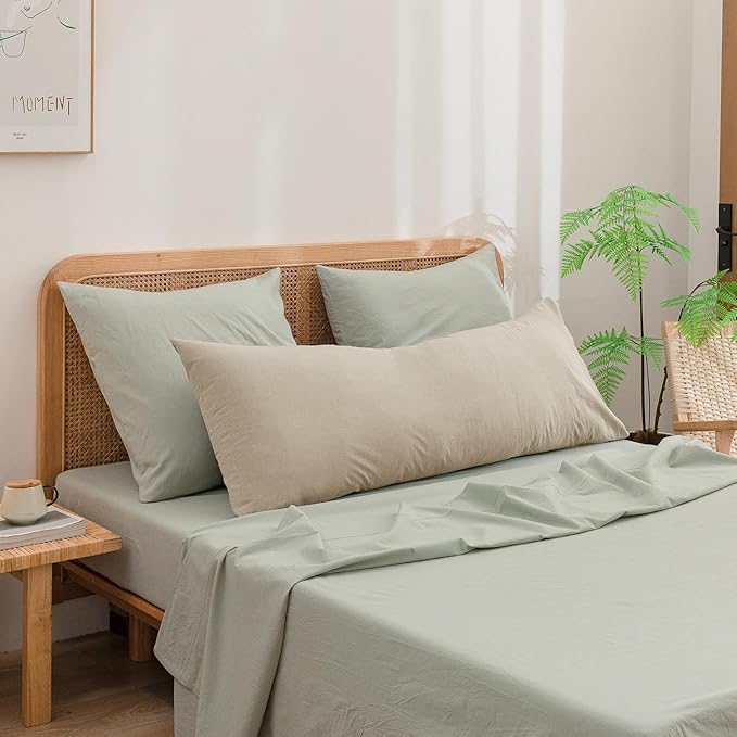 BESTOUCH 100% Washed Cotton Pillowcase for Hair and Skin Linen Feel Soft Comfortable Breathable 1 Pcs Pillow Case with Envelope Closure Solid Almond Milk Grey Body 20x54 Inches