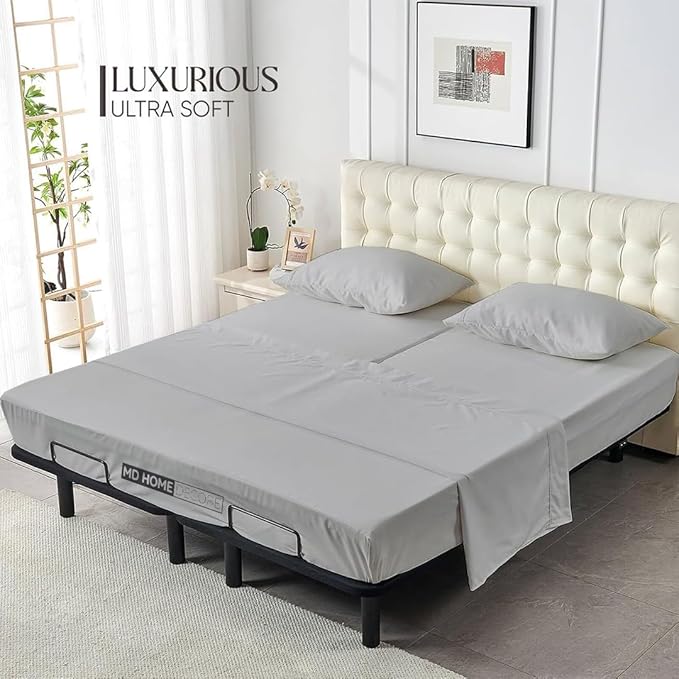 4 PC Split Head Flex Sheet Set, 34" Top Split King Sheets for Adjustable Beds, 100% Egyptian Cotton, 16 Inch Deep Pocket, Soft Durable Breathable Sheets, Light Grey Solid, Ideal for Adjustable Beds