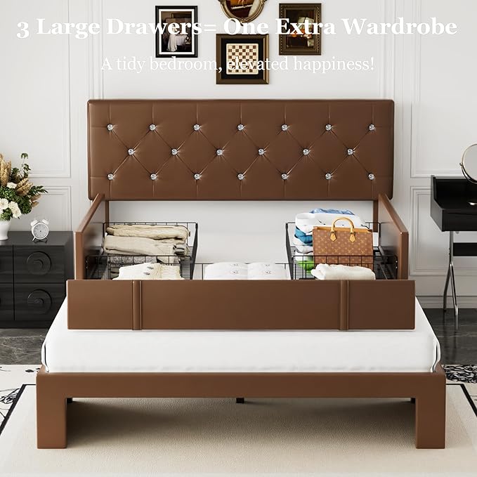VECELO Queen Size Bed Frame with 3 Storage Drawers, Leather Upholstered with Diamond Tufted Headboard, Solid Wood Slat Support & Steel Framework, PU & Brown