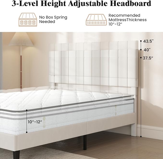 Giantex Queen Size Velvet Upholstered Bed Frame, Platform Bed with Height Adjustable Vertical Channel Headboard, Wooden Slats Support Mattress Foundation, No Box Spring Needed, Noise Free, Beige
