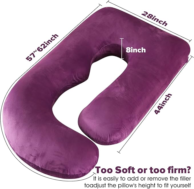 U-Shaped Full Body Pregnancy Pillow for Sleeping – 57" Maternity Pillow with Removable Cover, Support for Back, Legs, Belly & Hips (Velvet-Dark Purple)
