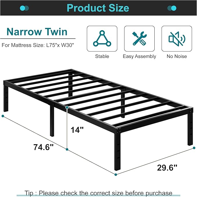 Maenizi Heavy Duty Narrow Twin Bed Frame No Box Spring Needed, 14 Inch Metal Platform Narrow Twin Bed Easy Assembly, Noise Free, 30x75 Inch, Black