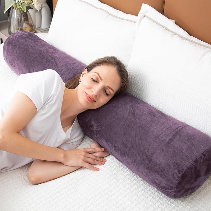 1 MIDDLE ONE Bolster Pillow for Bed, Long Round Body Pillow for Adults with Removable Velvet Cover, Decorative Tube Roll Cylinder Pillow, 47 x 7.87 Inch, Purple
