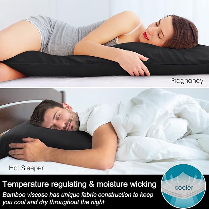 BEDELITE Body Pillow Cover, Rayon Made from Bamboo, Cooling Body Pillow Pillowcase for Hot Sleepers and Night Sweats, Breathable & Silky Soft Full Long Pillow Case Cover (Black, 20x54 Inches)