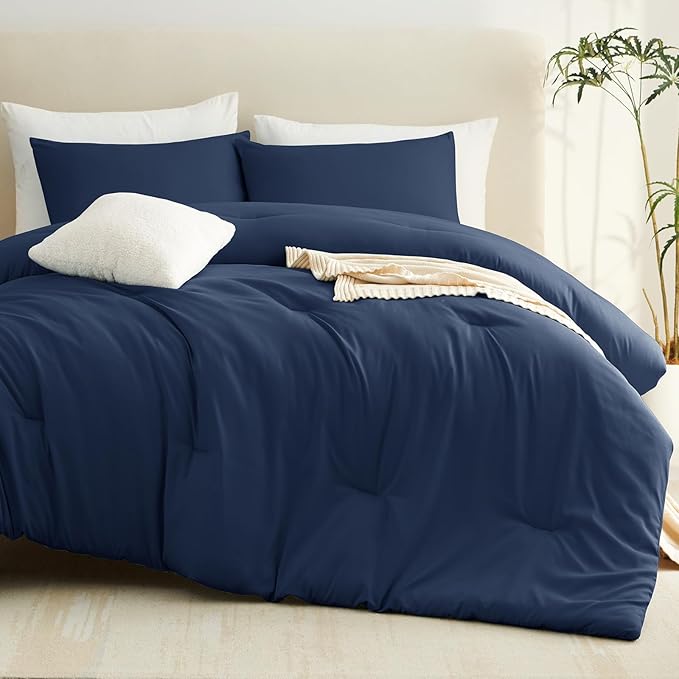 CozyLux Super King Plus Comforter Set Navy Blue, 3 Pieces 128x120 Solid Breathable Quilted Bedding Sets All Season, Luxury Lightweight Soft Bed Set with Down Alternative Comforter and 2 Pillowcases