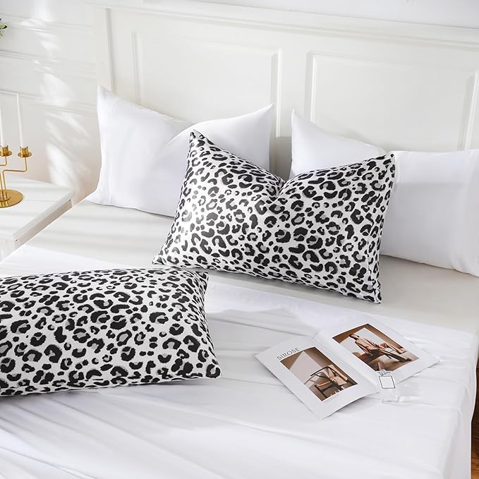 MR&HM Satin Pillowcase for Hair and Skin, Silk Satin Pillowcase 2 Pack, King Size Pillow Cases Set of 2, Silky Pillow Cover with Envelope Closure (20x40, White Leopard)