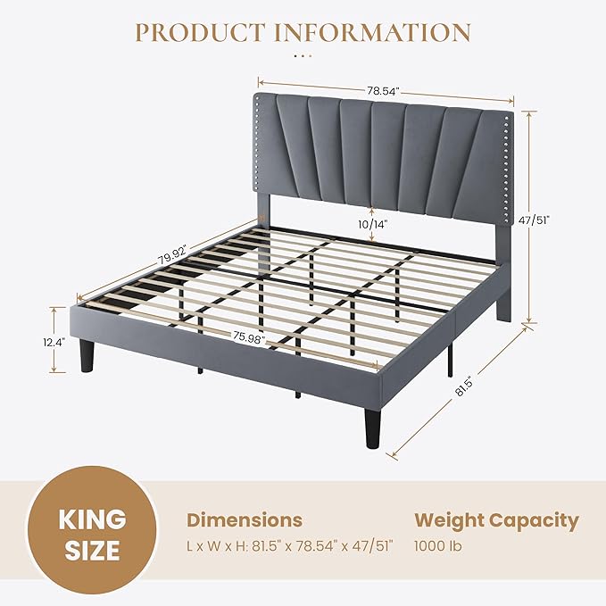 SHA CERLIN King Size Bed Frame with Adjustable Upholstered Velvet Rivets Headboard, Sturdy Wooden Slats, Strong Platform Support for Mattress, No Box Spring Needed, Easy Assembly, Grey