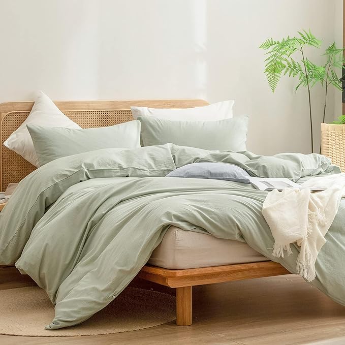 BESTOUCH Duvet Cover Set 100% Washed Cotton Linen Feel Super Soft Comfortable Chic Lightweight 3 PCs Home Bedding Set Solid Sage Green Alaska King